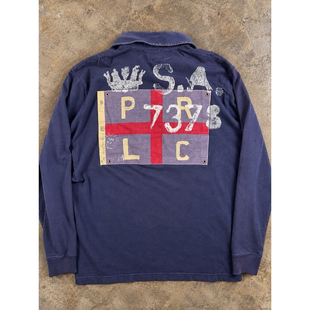 Polo Ralph Lauren Mens L Rugby Shirt Navy Nautical Sailing Crest Flag Graphic